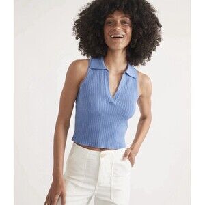 Marine Layer Summer Top Amelia Ribbed Sleeveless Luxe Polo Blue NWT Size Large
